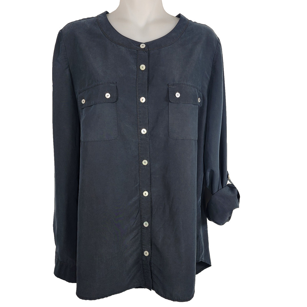 Chicos Womens Shirt Size Medium Button Front Roll Tab Sleeves Modal Blend Black